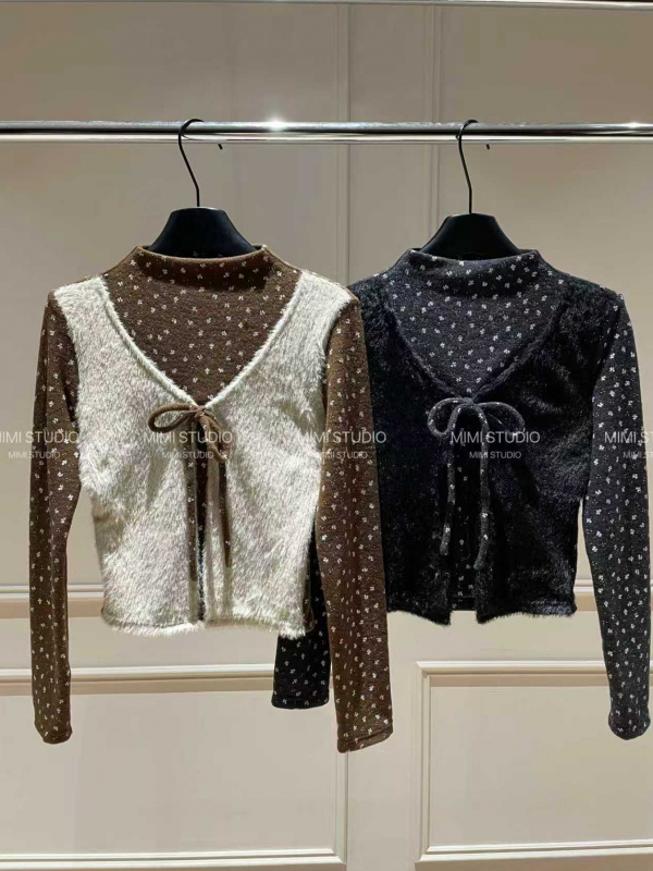 2025秋冬新款 半高领假两件毛毛拼接长袖T恤女修身显瘦上衣944#