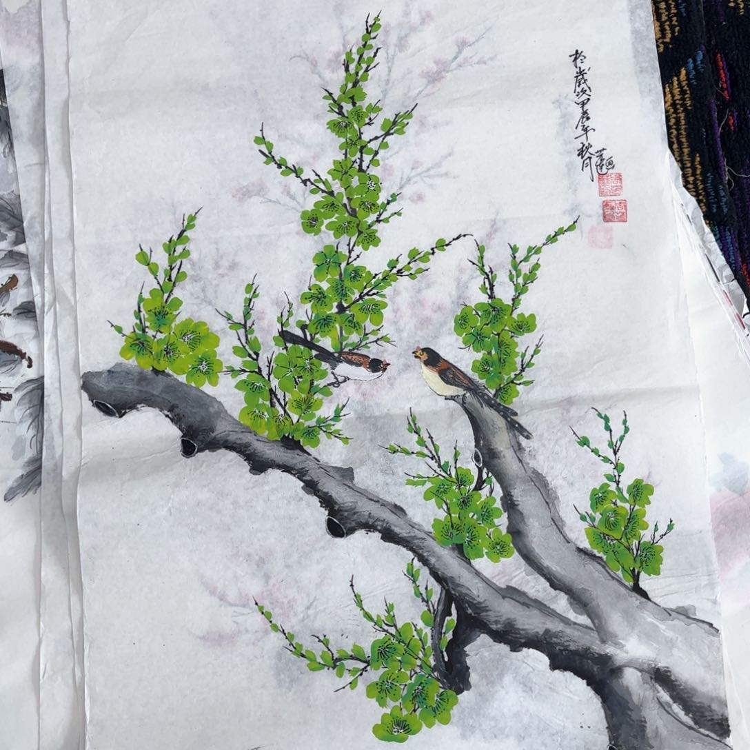 国画周芳莲三尺花鸟朱