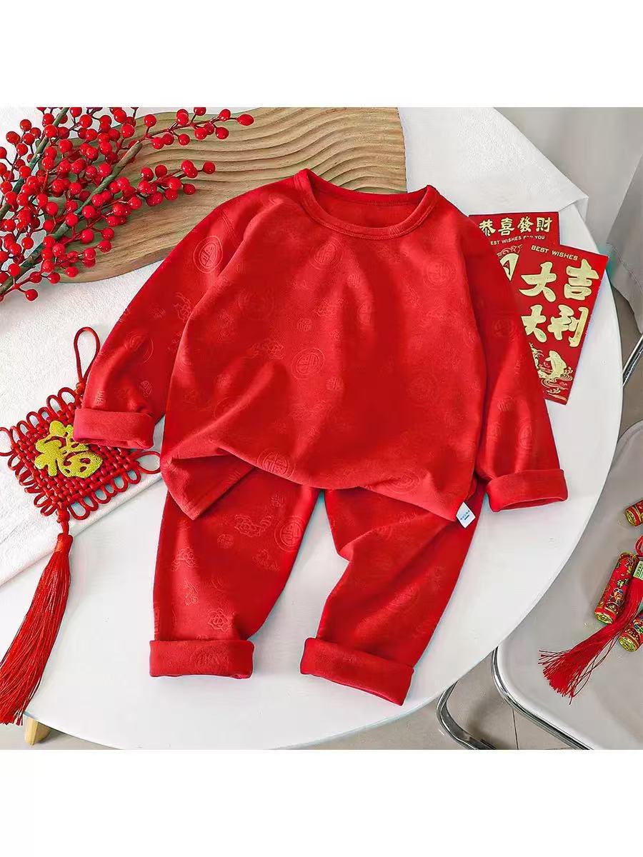 儿童本命年宝宝压花红色大红德绒保暖内衣套装男童女童秋衣秋裤