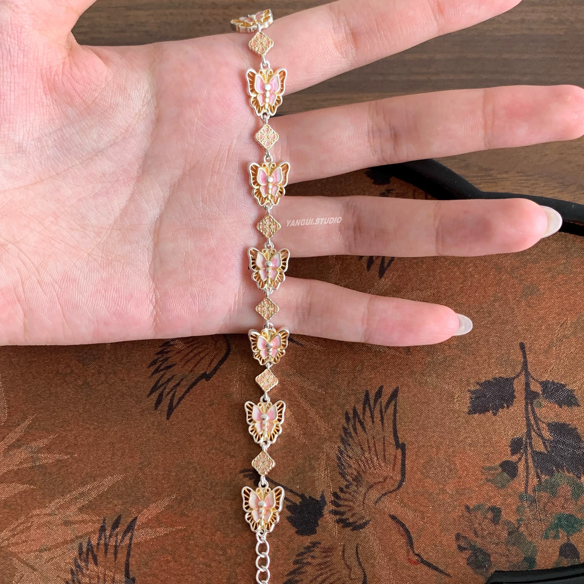 足银珐琅手链 A04蝴蝶描金珐琅手链足银999.9甜美优雅精致10g
