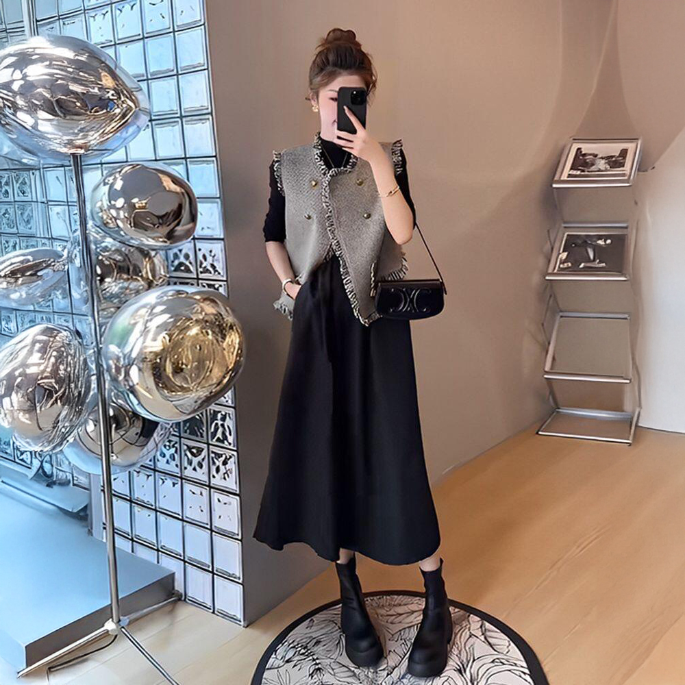 B880+B881秋装穿搭一整套轻奢高级感小香风马甲连衣裙子两件套装