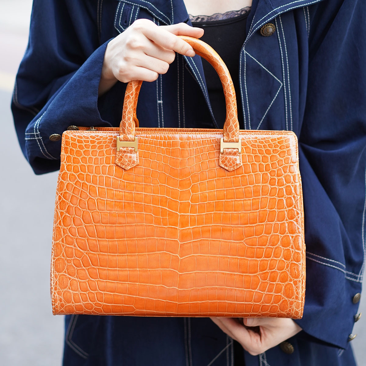95新  小众中古鳄鱼皮手拎包