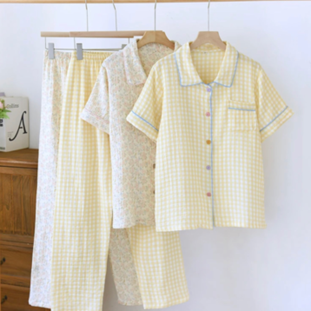 全棉双层棉纱韩系ins风全棉睡衣女套短袖长裤甜美宽松休闲可外穿