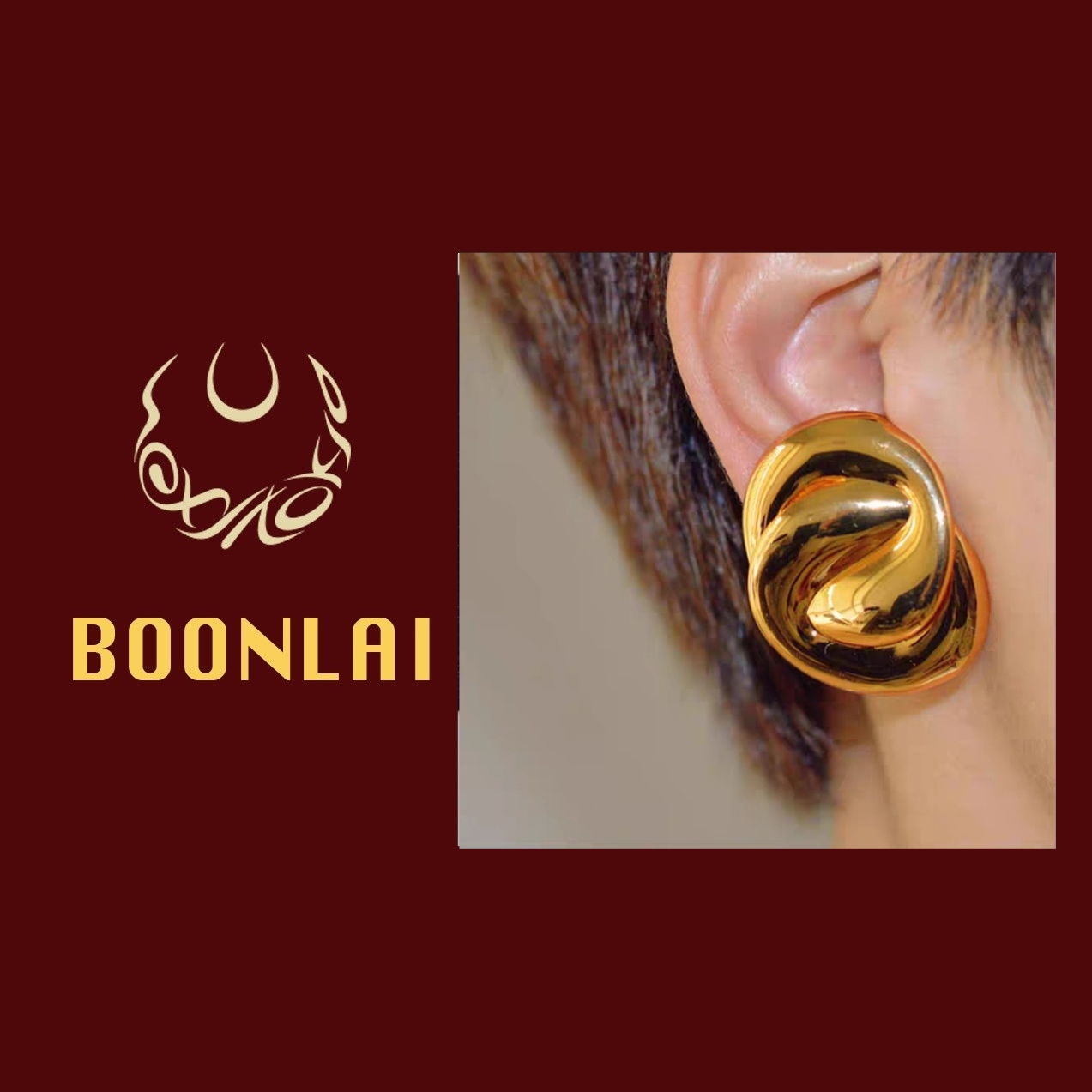 铜合金耳饰 【满七免一】Boonlai 中古金属镜面麻花耳环1379