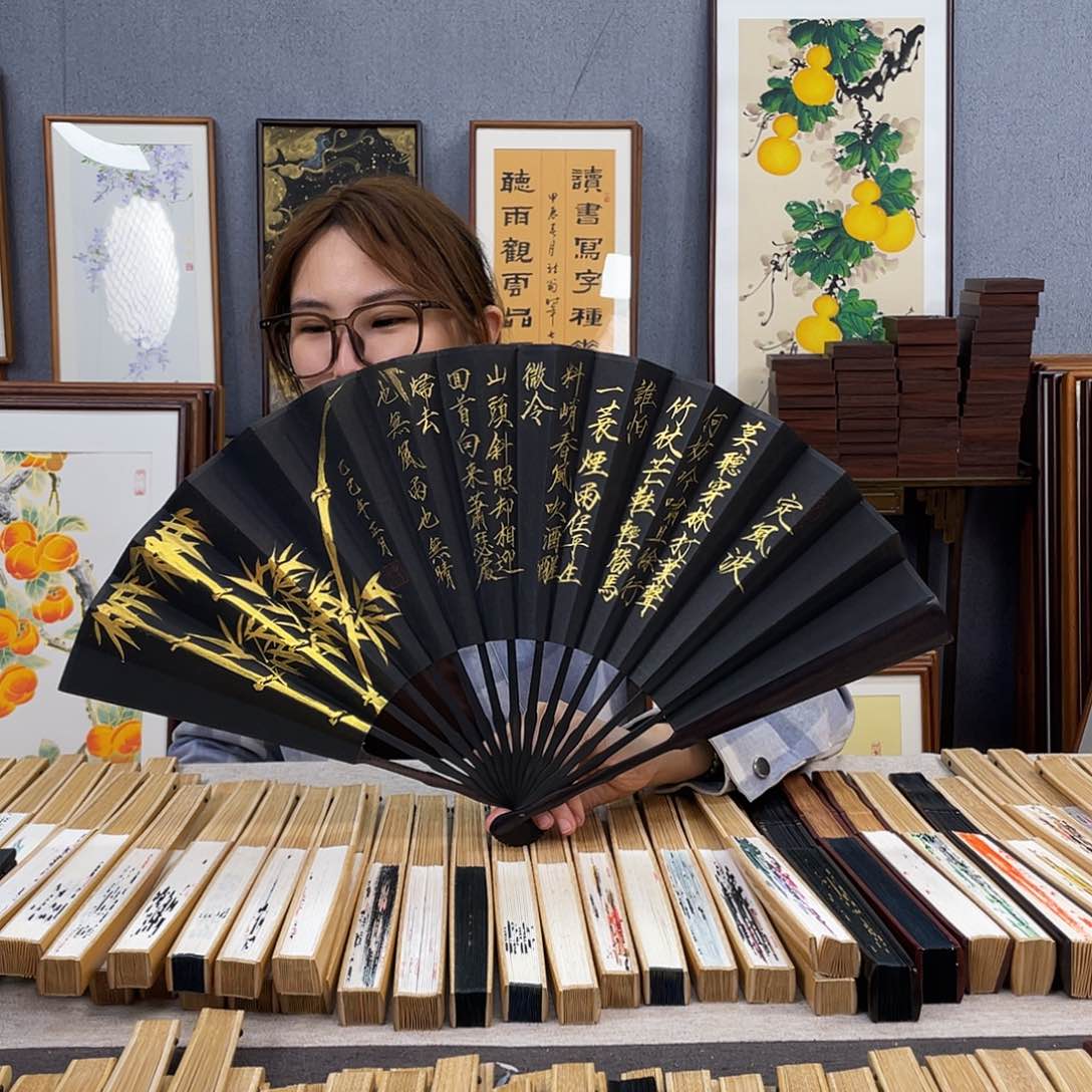 国画10寸黑檀-纯手绘-文玩扇骨（默认粘好）定风波