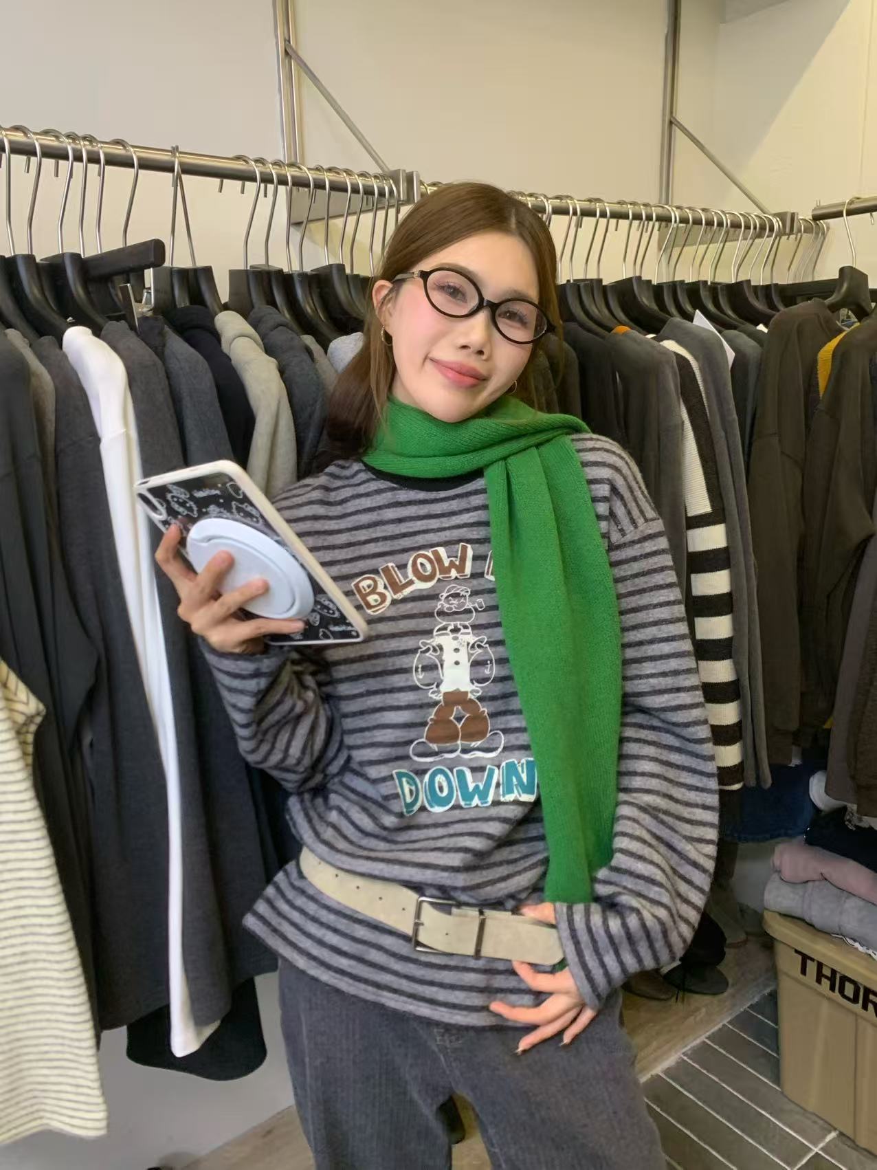 温柔瑶-Uncle Be冬季福利-澳绒趣味卡通撞色条纹百搭上衣-88688