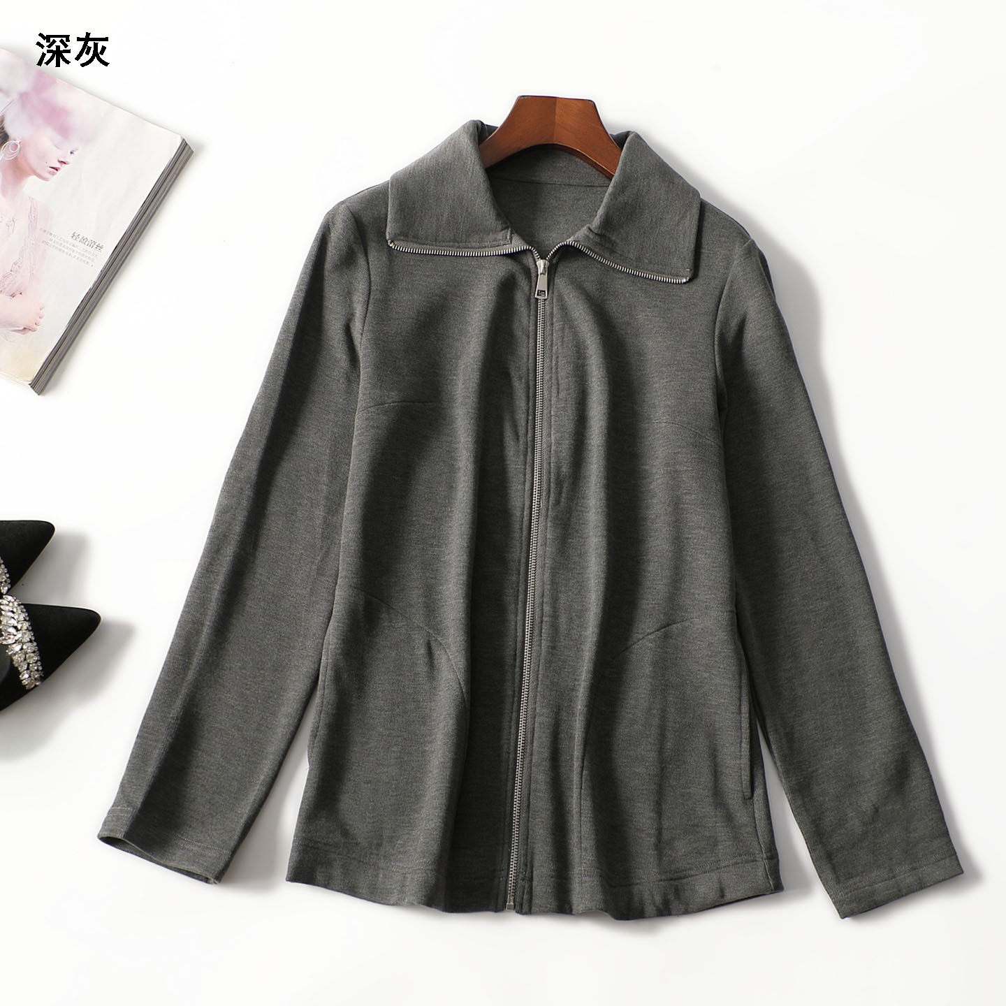 247963冬加绒中长款长袖拉链外套翻领上衣休闲百搭短款秋冬