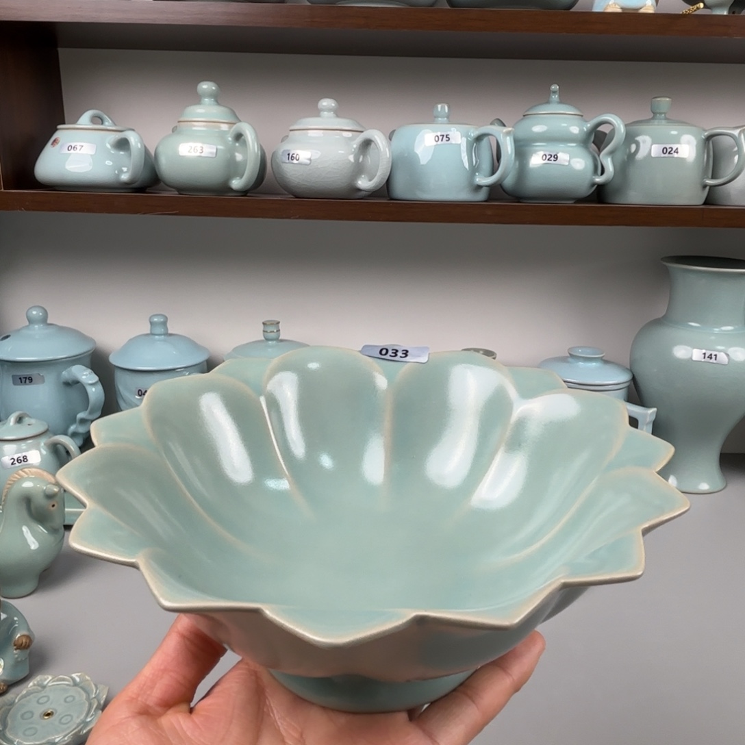 陶摆件汝瓷莲花果盘支钉烧仿古釉微瑕033