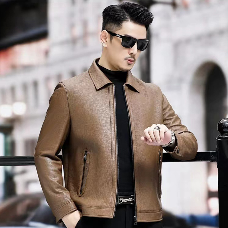 3502 断码  鹿皮单装翻领男士高端休闲修身商务海宁皮夹克男款