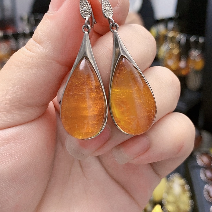 琥珀裸石银S925镶嵌耳坠