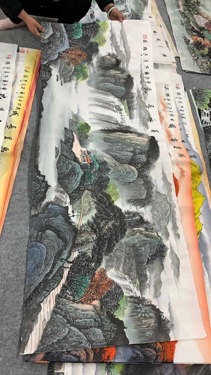 富水长流画芯尺寸：180cm*70cm山水画客厅办公室挂