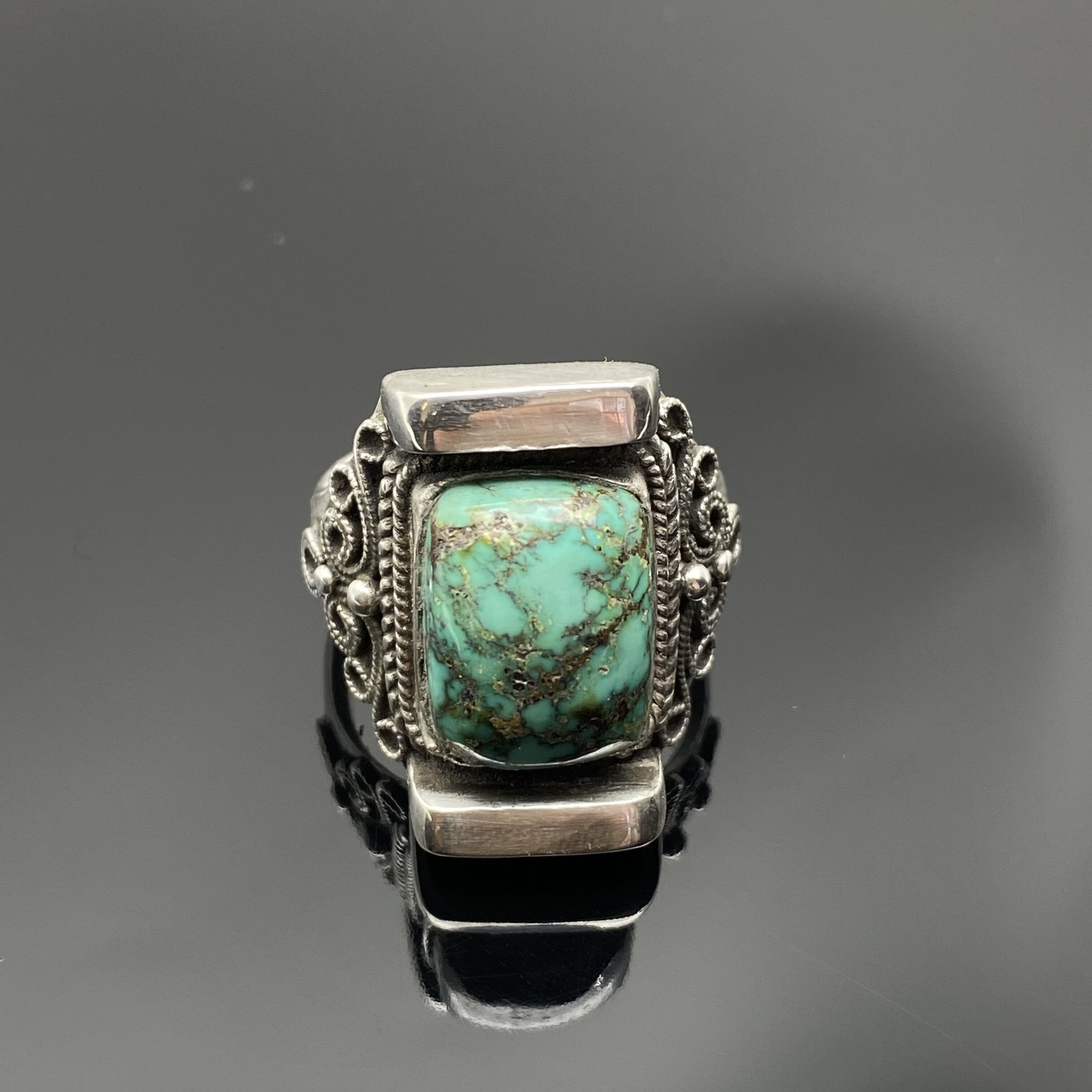 足银镶嵌原矿松石戒指民族风纯手工花丝立马鞍 气质个性男款复古