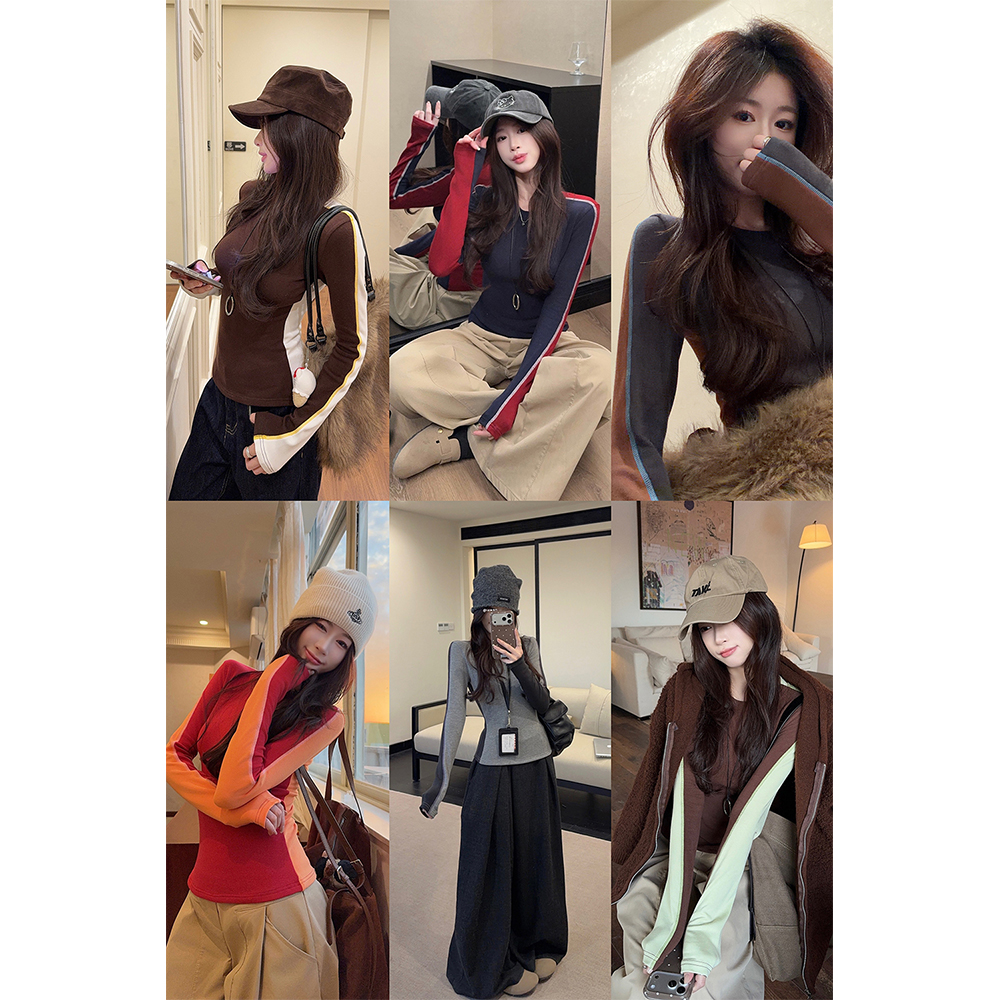 【拼接面膜T】新款设计感双面拼接长袖修身舒适加绒打底上衣女