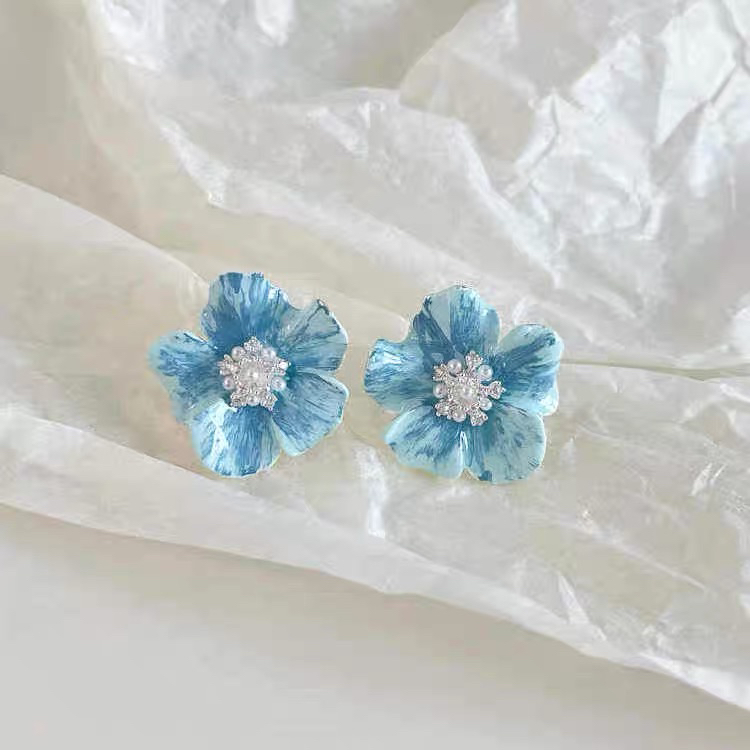 铜合金耳饰 时尚轻奢设计师款蓝花耳钉~8847