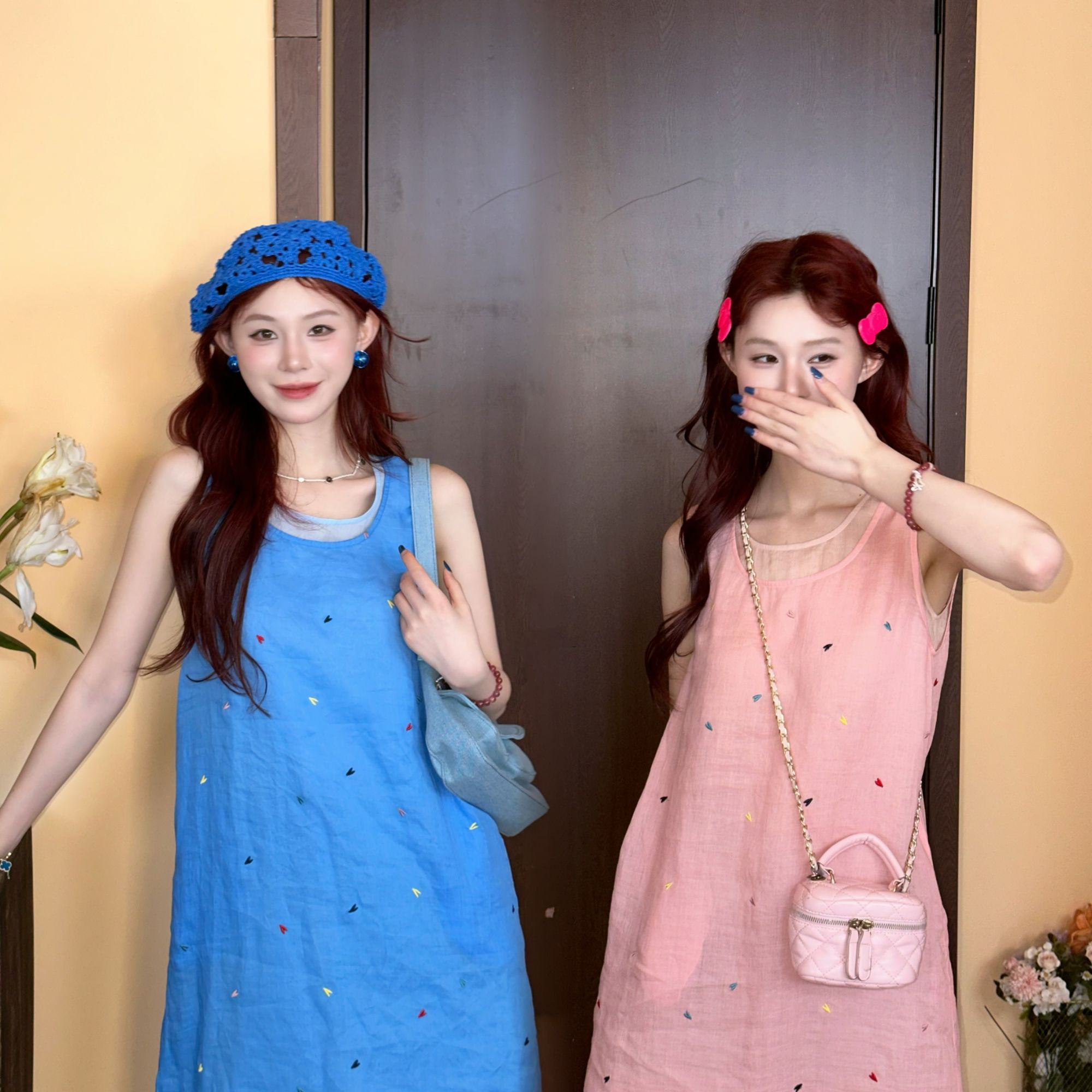 1美静在这【100%苎麻】爱心刺绣连衣裙夏季休闲显瘦长裙XMZH7496