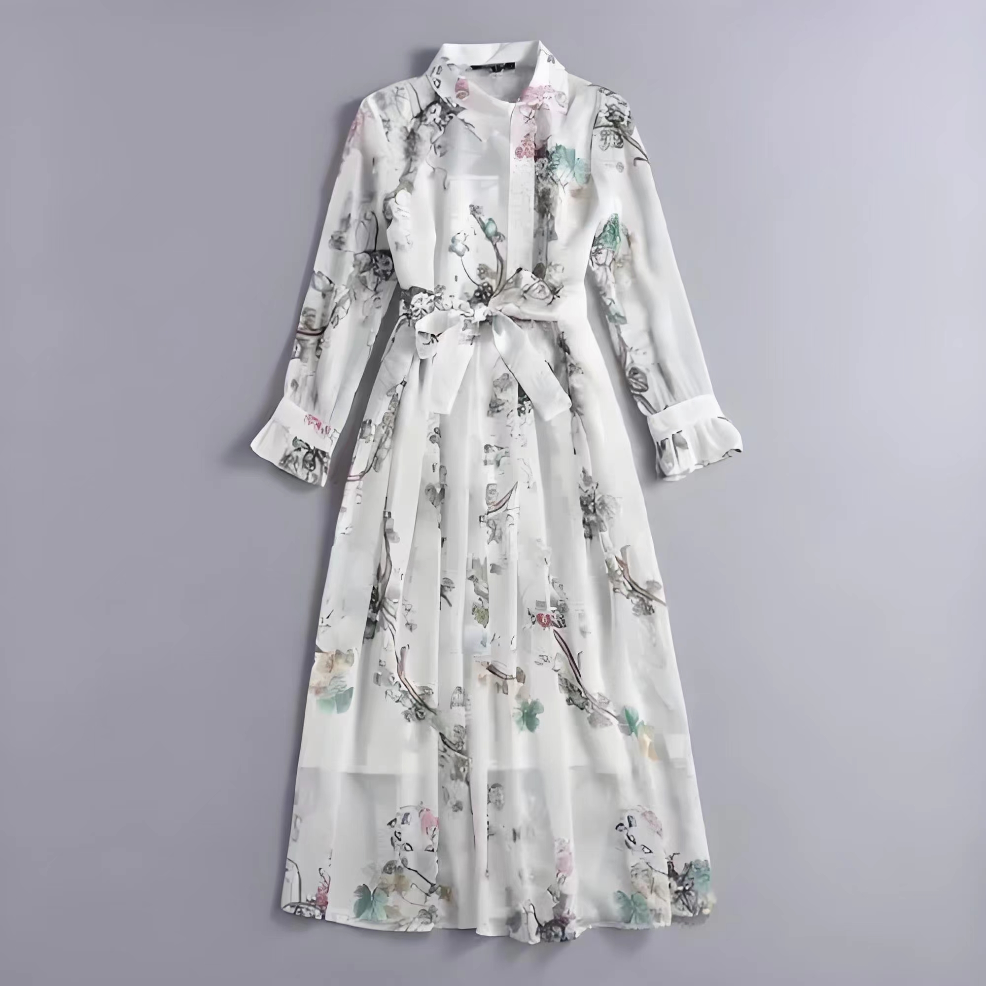 连衣裙显瘦气质长袖时尚女士春季国风印花印花蕾丝收腰中长款秋季