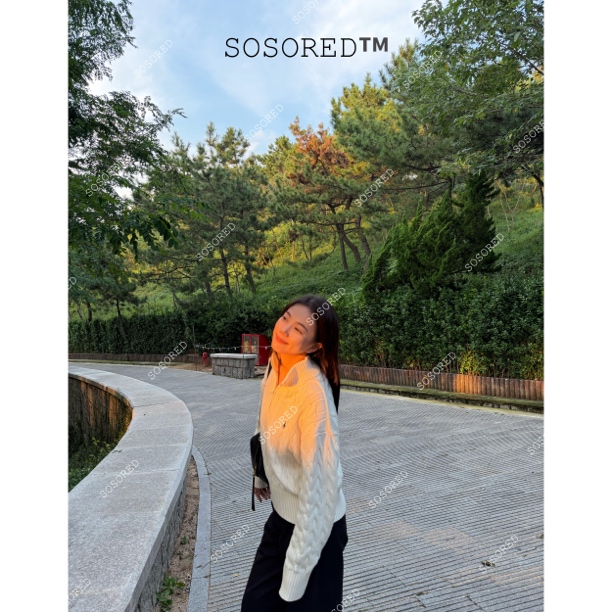 SOSORED / 长期主义半拉链绞花翻领毛衣 100棉厚保暖宽松毛衣外套