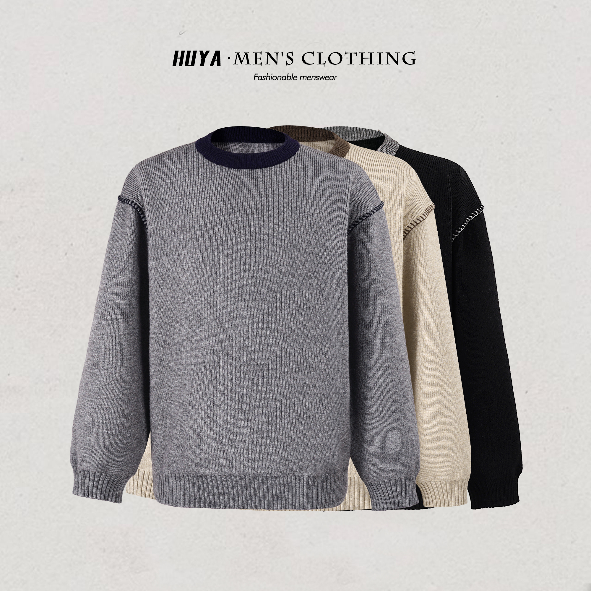 虎牙兄弟冬季哈梭线撞色时尚百搭圆领休闲毛衣针织打底衫男 M8130