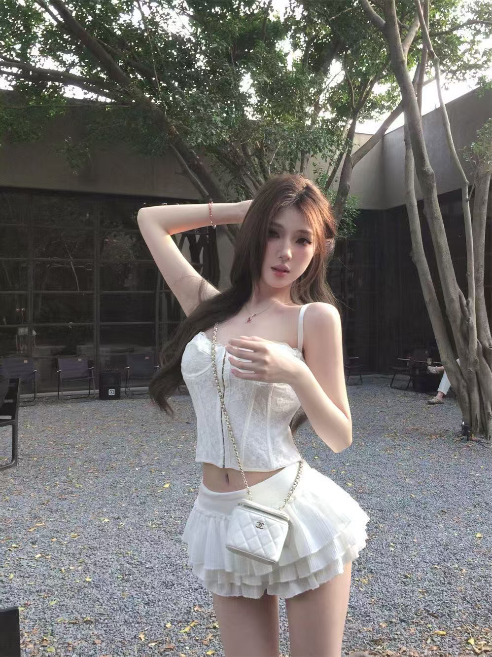 【Romantic】辣妹性感白色无袖内搭蕾丝塑身吊带背心短裙子纯欲两件