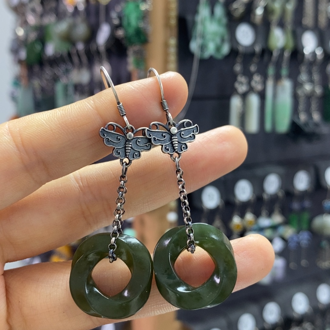 和田玉银S925镶嵌耳饰