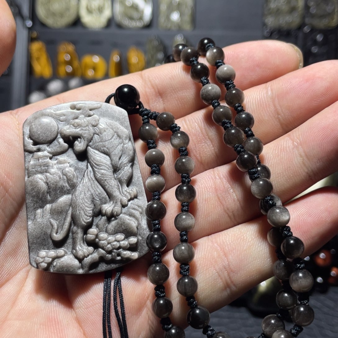 黑曜岩未镶嵌颈饰黑曜石虎牌吊坠