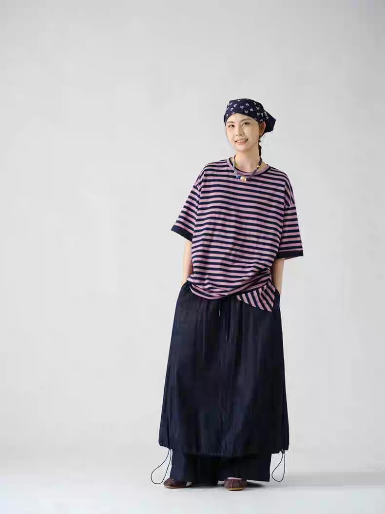 讠木25年秋日系卷边条纹T恤女圆领中袖百搭简约慵懒风宽松潮35331