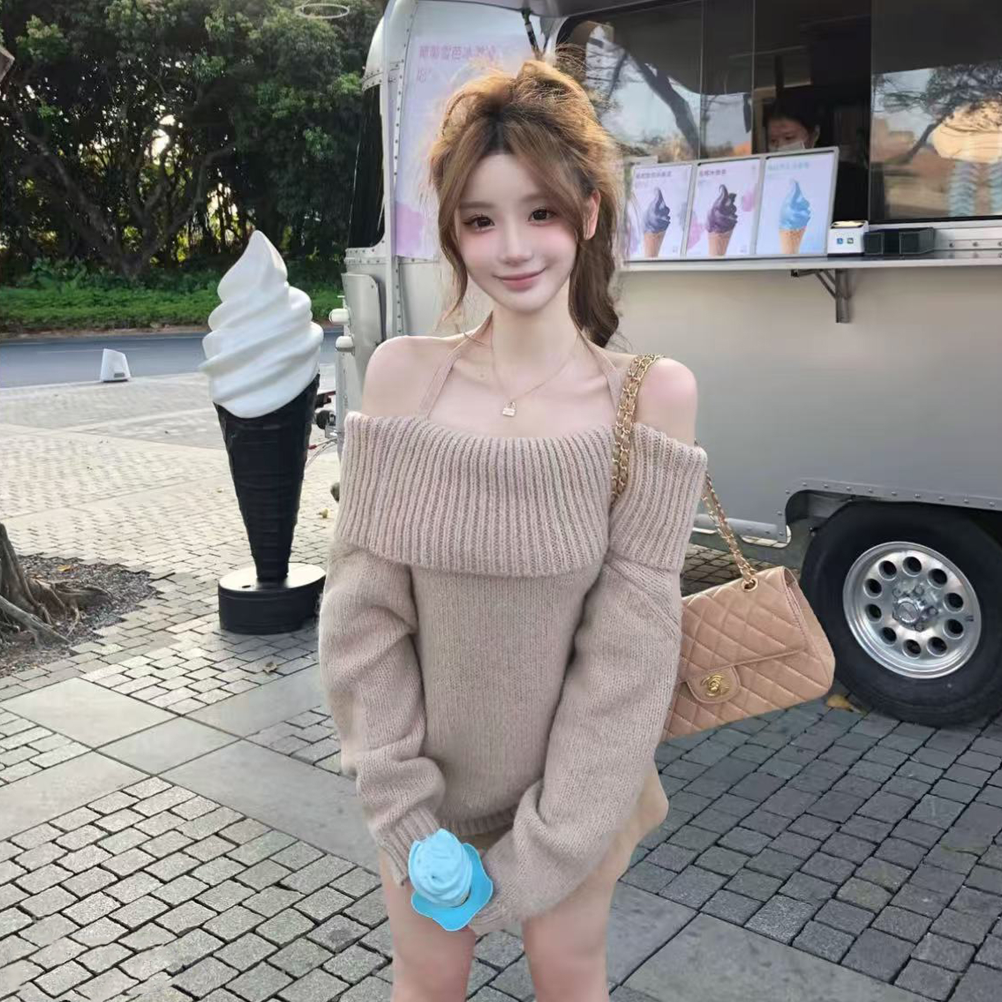 【月下芙蓉】秋冬氛围感针织上衣挂脖一字肩毛衣 Q 5002#