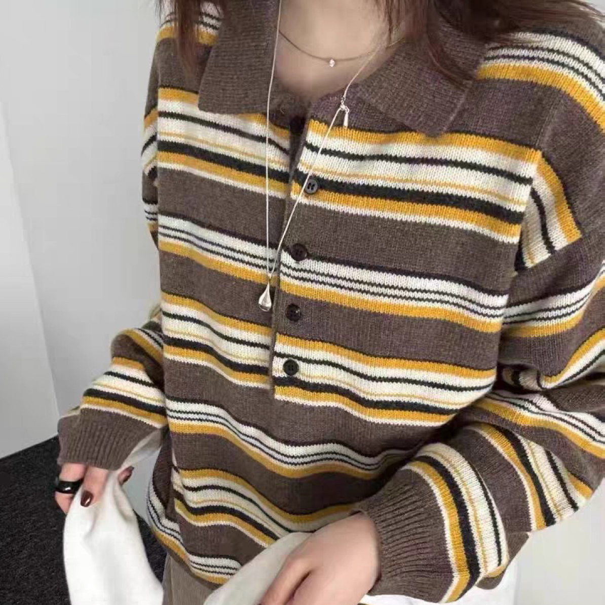 breathe韩国代购条纹毛衣女秋冬翻领羊羔毛复古针织衫上衣