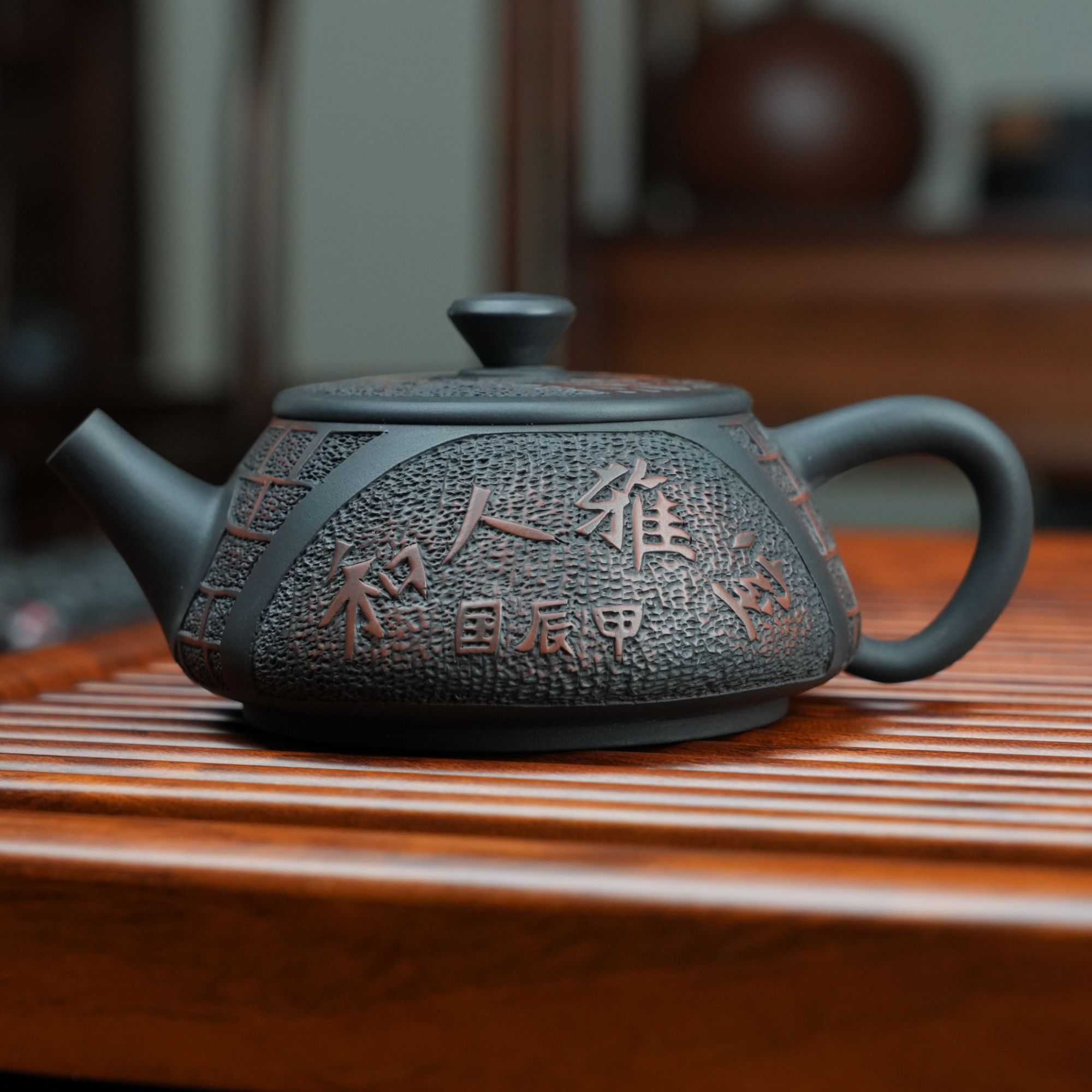 中国四大名陶之一建水紫陶-古法全手工壶-满阳刻石瓢-茶壶茶具