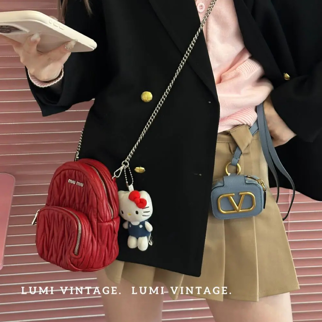 95新 MIU MIU/缪缪 红色羊皮褶皱mini双肩包11368169