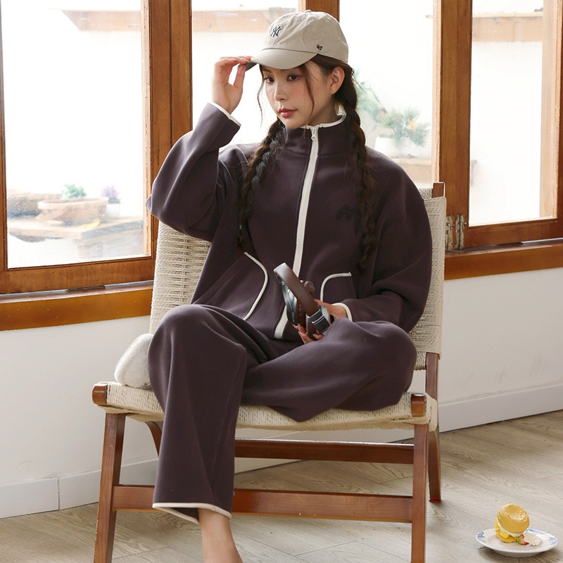 春秋拉链款撞色包边保暖宽松奥粒绒家居服套装