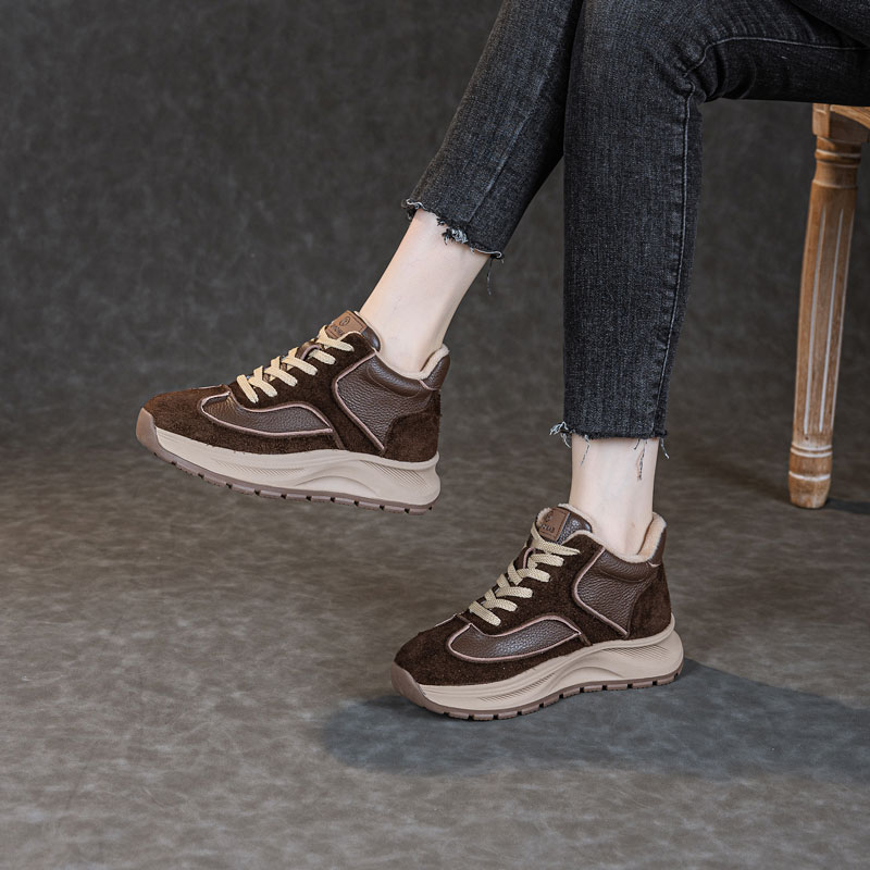 棕色头层牛皮鞋子女大码女鞋秋冬加绒高帮真皮板鞋新款百搭阿甘鞋
