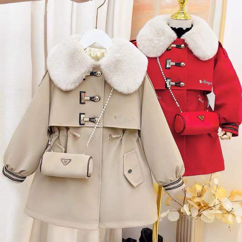 （三粒扣）女童派克服冬装2025新款加绒加厚英伦风大毛领皮衣