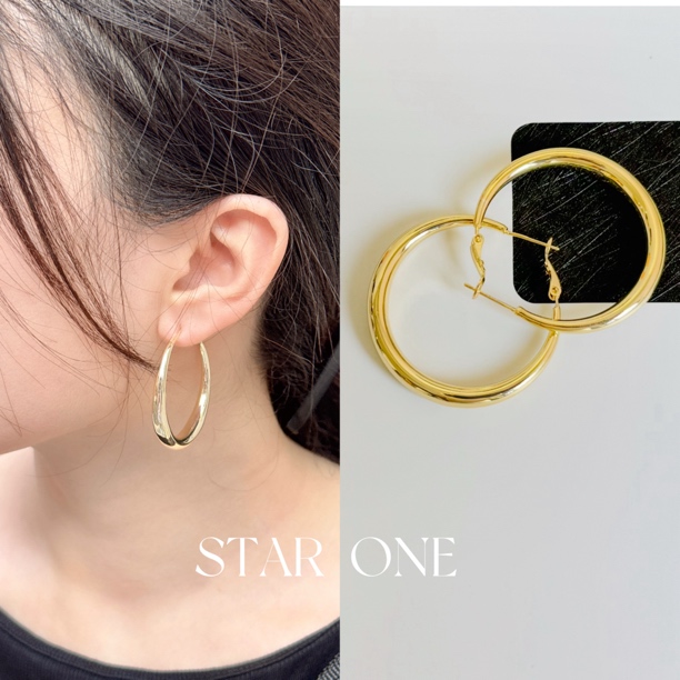 铜合金锆石耳饰 耳环耳扣S925银针时尚个性百搭金色素圈耳圈4公分