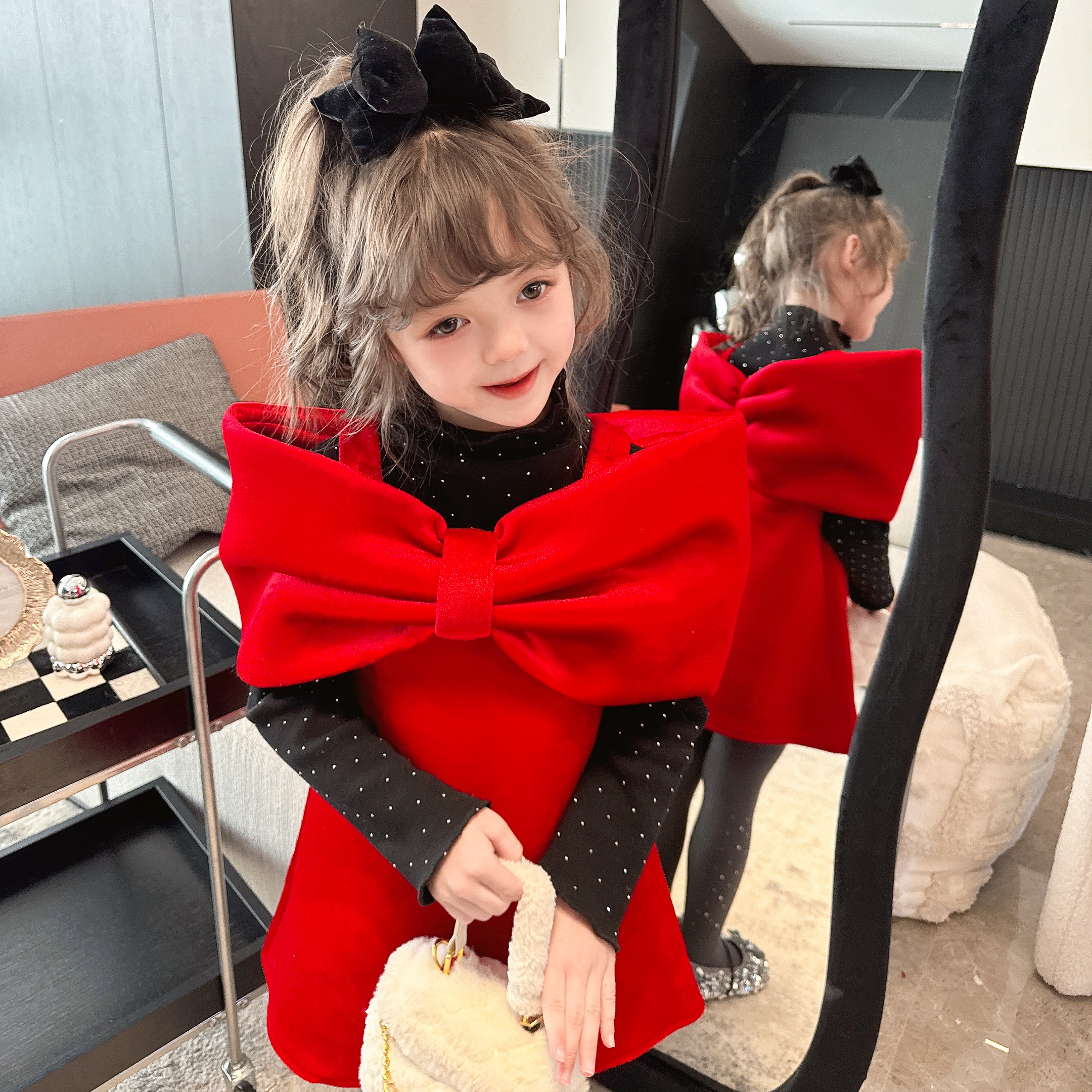 【Mt studio】K【新款】红色超大蝴蝶结公主裙女童冬季洋气韩版（汉服）