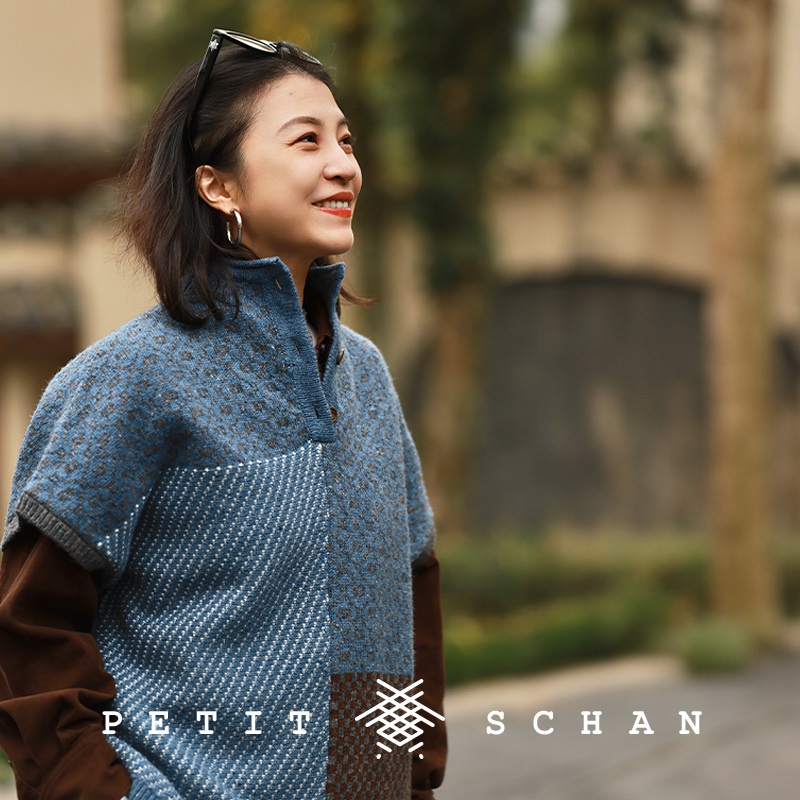 Petit Schan小闪 不谋而合 绵羊毛彩点提花拼接斗篷背心