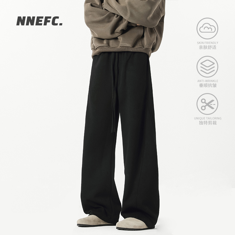 NNEFC美式高街弯刀卫裤男秋冬款加绒加厚潮牌拼接运动休闲直筒裤