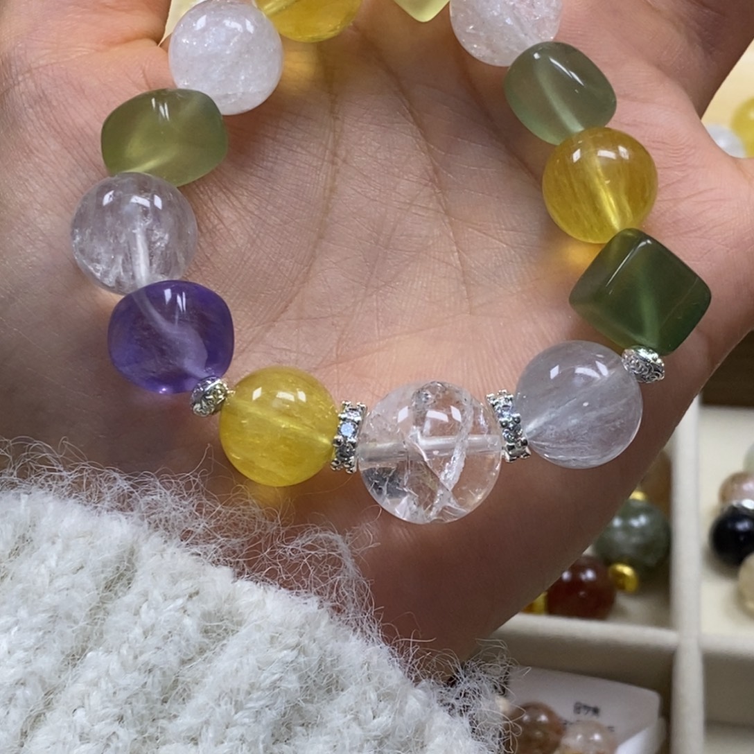 银S925镀金镶嵌手串水晶青柠彩虹