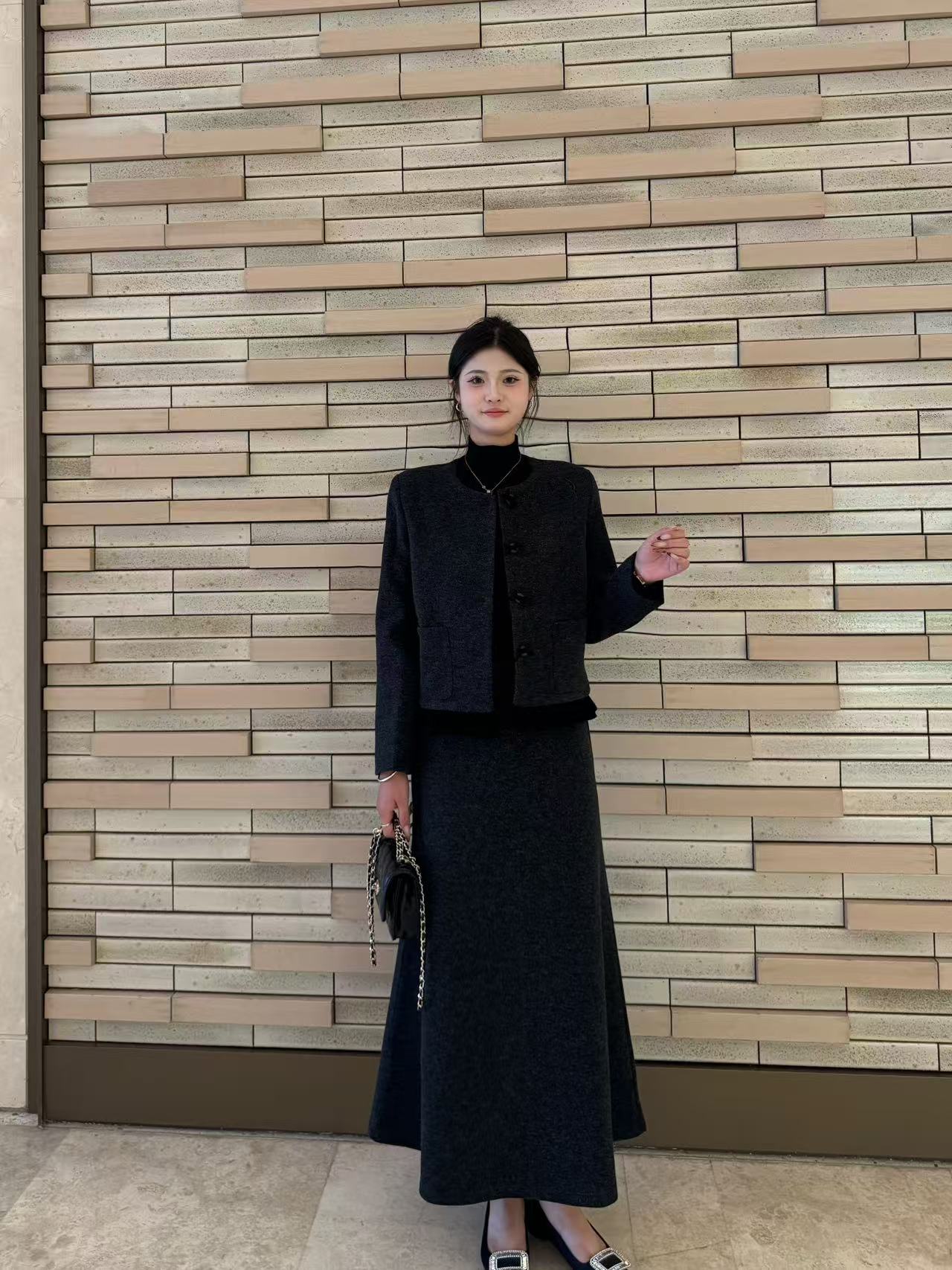 秋冬季加棉圆领排扣外套+直筒阔腿裤高级感时尚两件套装A812