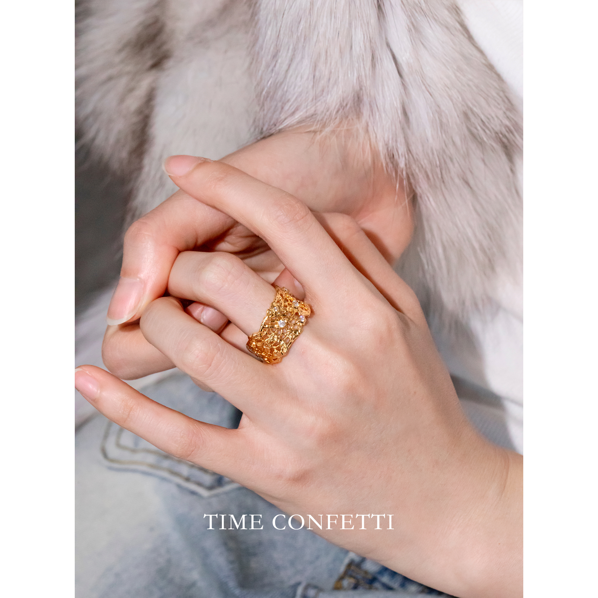 黄铜戒指 镀K金【孙二娘】蕾丝-百搭气质精致法式开口戒指TC 12000