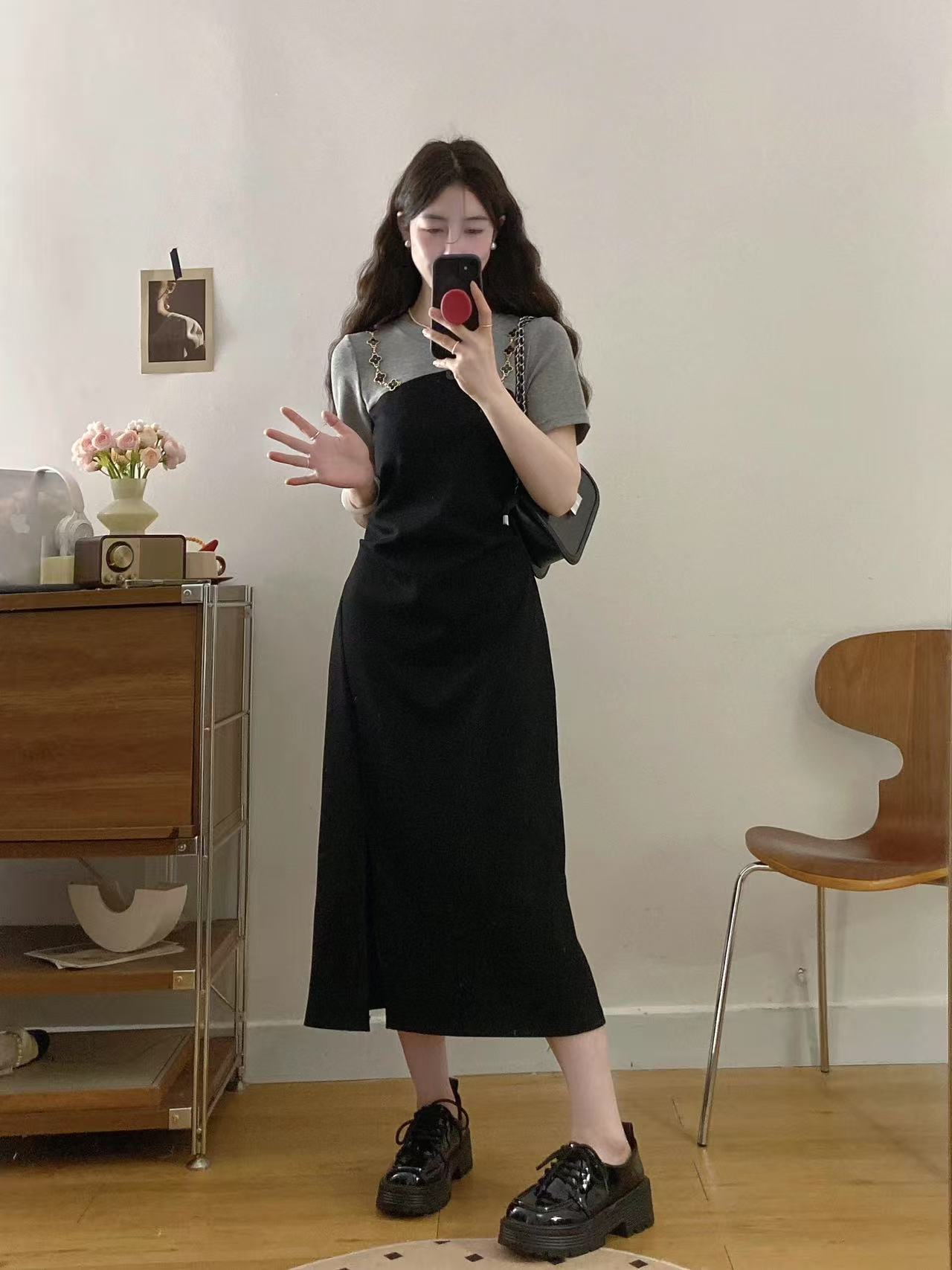 夏季新款大码9901款假两件短袖连衣裙时尚气质遮肚显瘦长裙