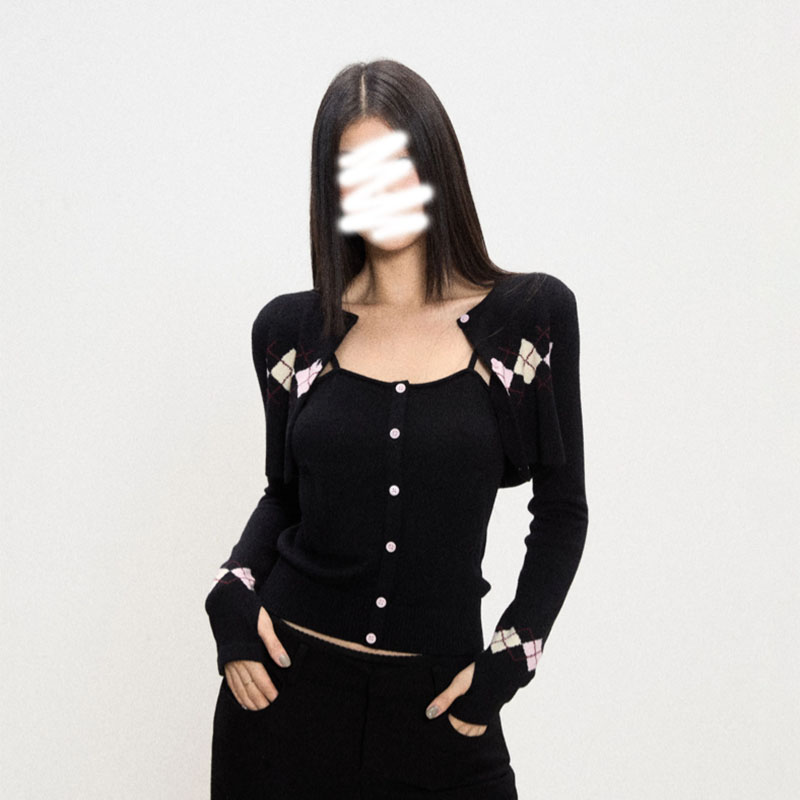 菱格纹开衫吊带两件套女秋季薄款外穿上衣洋气时髦慵懒风针织套装