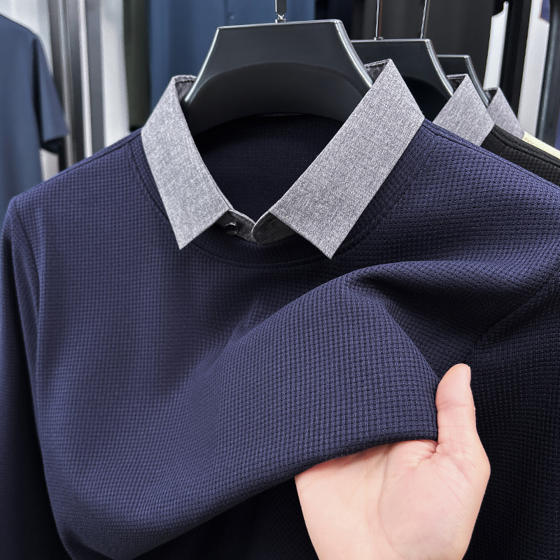 春季新品衬衫领假两件T恤衫男士长袖商务休闲打底衫内搭针织上衣