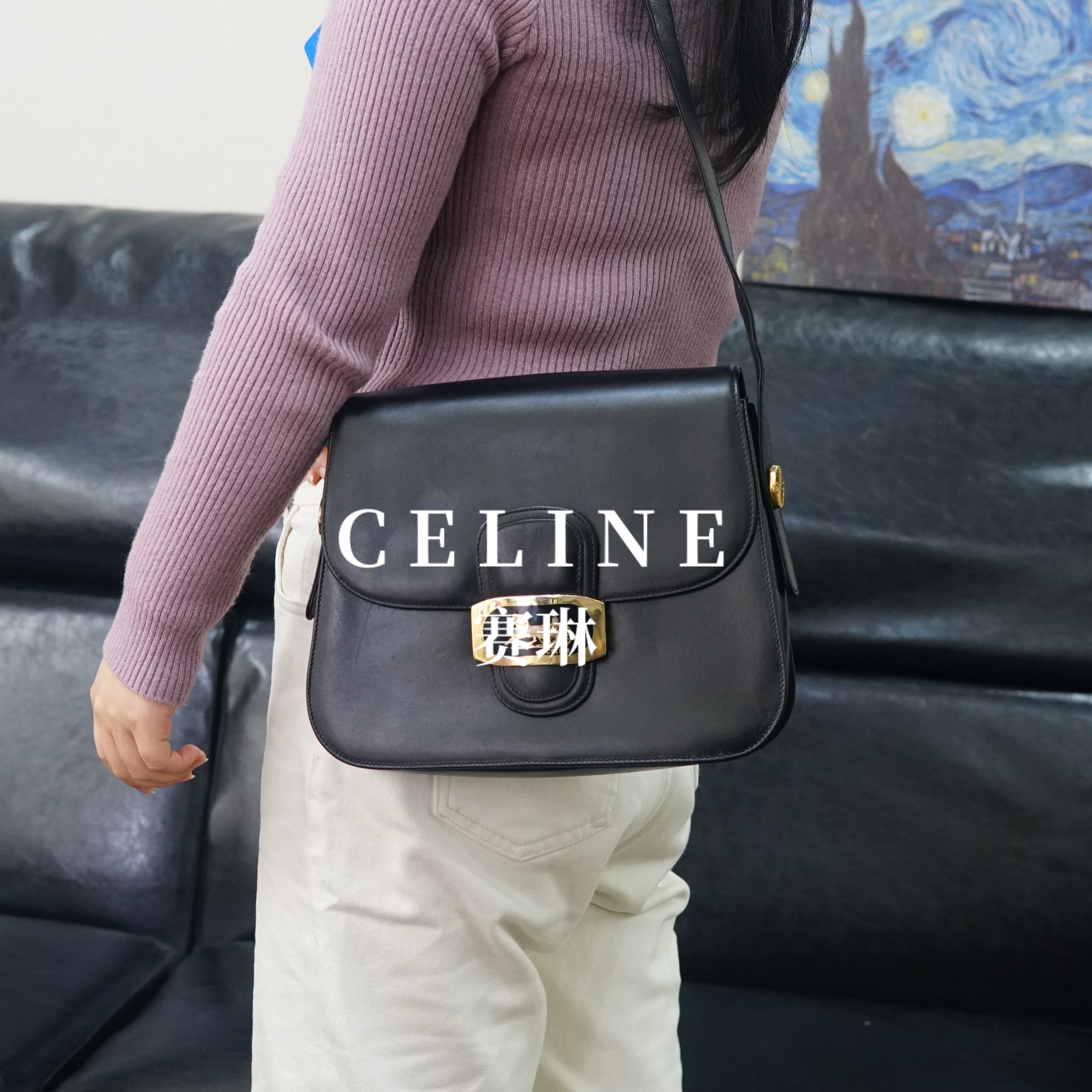 95新 Celine/思琳 黑金斜挎包/MS02419015/9015