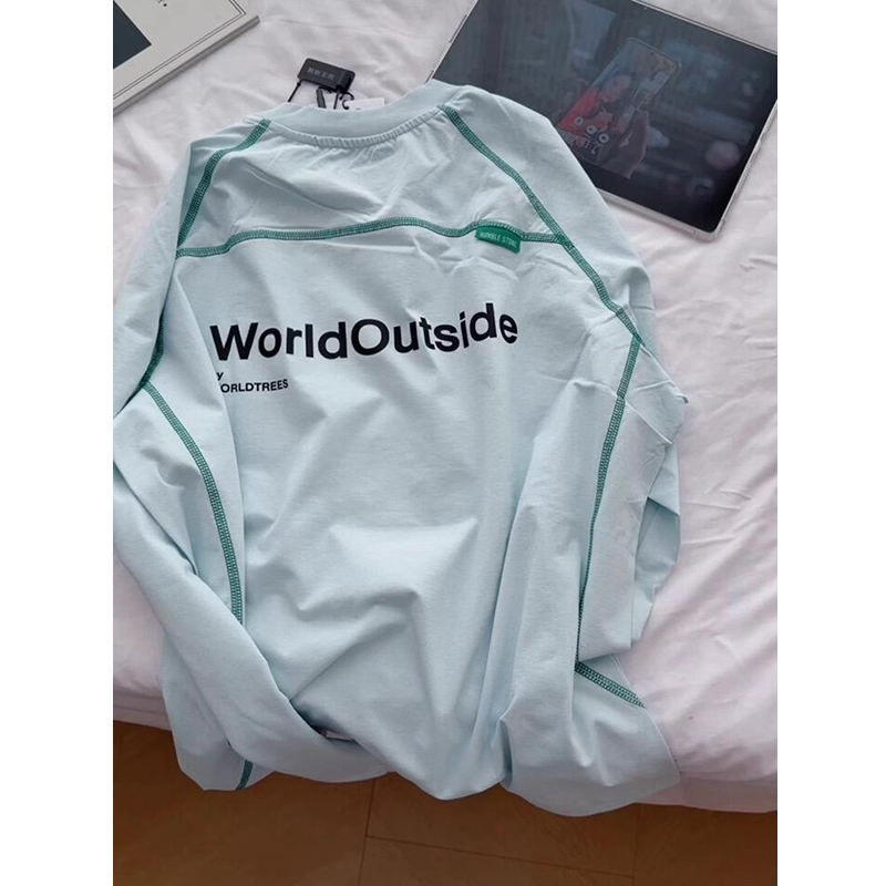 冰川蓝色户外机能撞色拼接骑行运动圆领打底衫夏季薄款长袖T恤衫