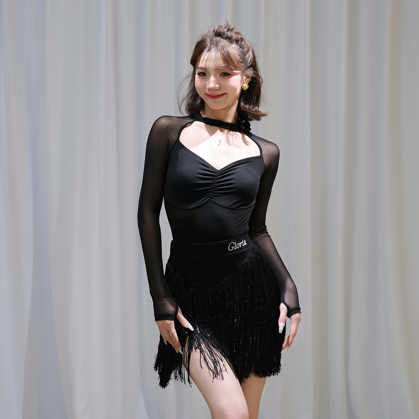 歌瑞亚拉丁舞服女成人网纱袖上衣抽褶半裙套装舞蹈服艺考练习功服