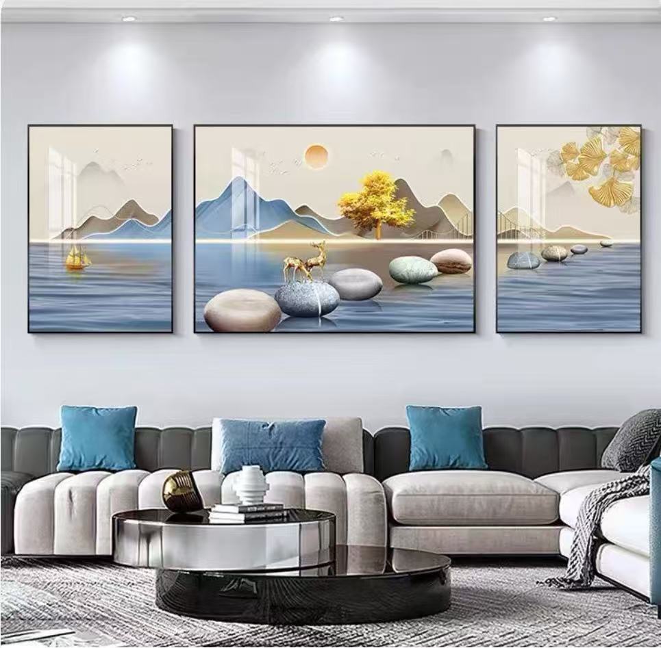 石头麋鹿装饰画沙发背景墙挂画复古风大厅三联壁画