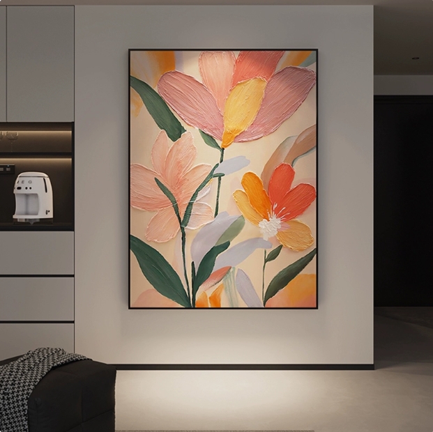 现代简约花卉高级手绘油画肌理感装饰画客厅玄关餐厅奶油风挂画