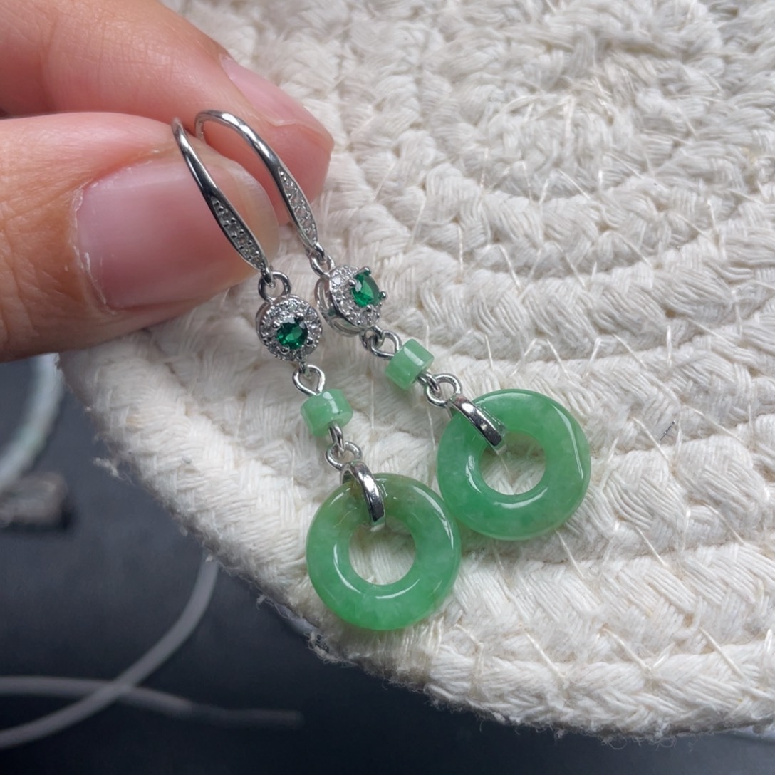 翡翠银S925镶嵌耳饰天然A货缅甸翡翠