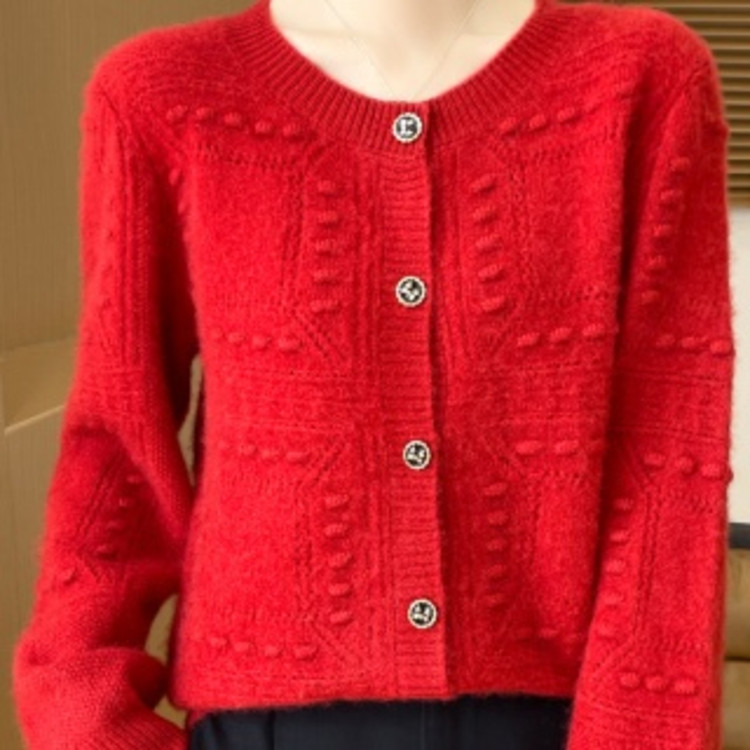 L311 100%纯毛七针加厚黑色蝴蝶结扣开衫